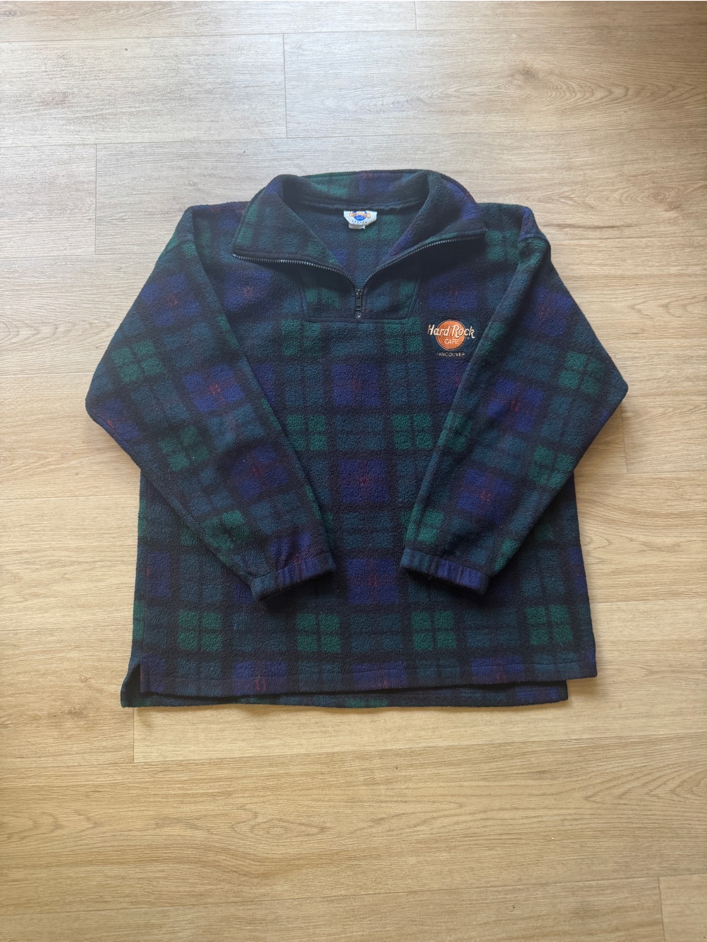 Hard Rock Cafe Green & Navy Plaid Fleece Quarter-Zip Pullover